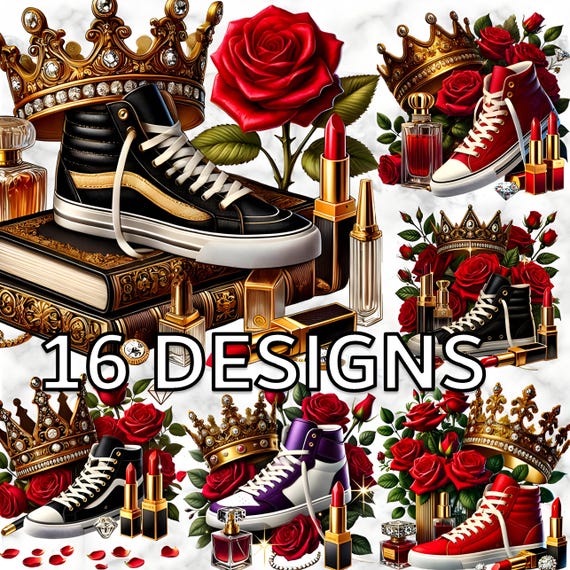Clipart de corona de zapatillas glamurosas: rosas, lápiz labial y