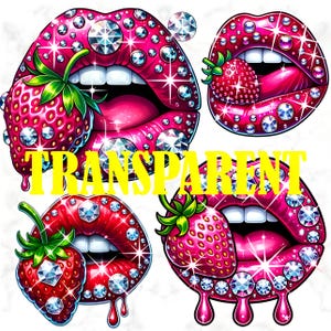 Puede incluir: Cuatro ilustraciones digitales de labios estilizados en tonos rosa y rojo, adornados con brillantes pedrer&iacute;a. Cada imagen incluye una fresa y la palabra "TRANSPARENT" en amarillo.