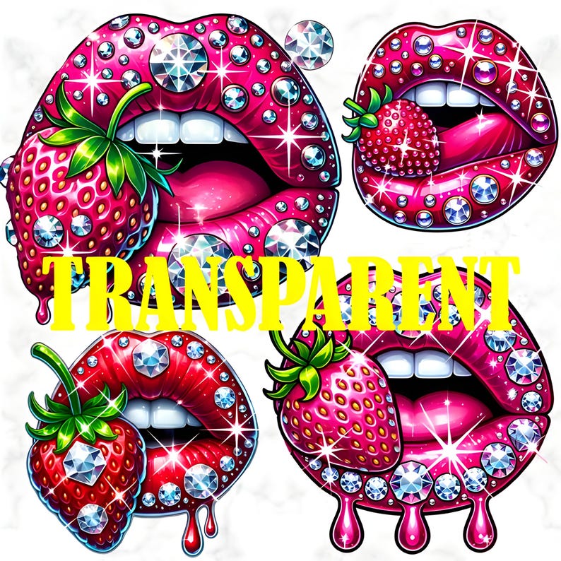 Puede incluir: Cuatro ilustraciones digitales de labios estilizados en tonos rosa y rojo, adornados con brillantes pedrer&iacute;a. Cada imagen incluye una fresa y la palabra "TRANSPARENT" en amarillo.