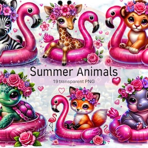 Summer Animals Clipart, Flamingo Floaties Clipart, Cute Giraffe Lion Panda Turtle Fox Zebra, SublimationDigital Design PNG, Commercial Use
