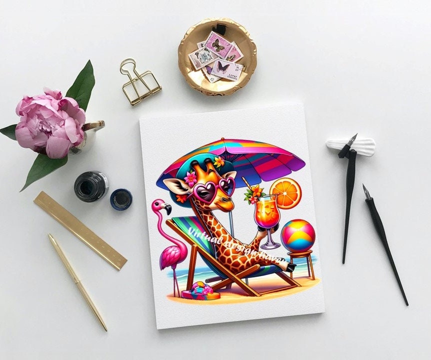 Summer Giraffe PNG Clipart: Whimsical Beach Vacation Art (digital ...