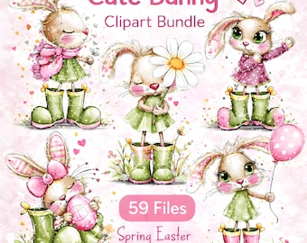 Watercolor Bunny Clipart Set – Easter Spring PNG Bundle (59 Files)