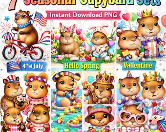 Capybara Clipart Bundle, Seasonal PNG Mega Bundle, Easter Summer Birthday Valentine 4th of July Mardi Gras Spring Clipart