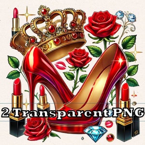 Puede incluir: Un zapato de tac&oacute;n alto rojo con una corona dorada, rosas rojas y tubos de l&aacute;piz labial rojo. La imagen tiene el texto "2 Transparent PNG" en la parte inferior.