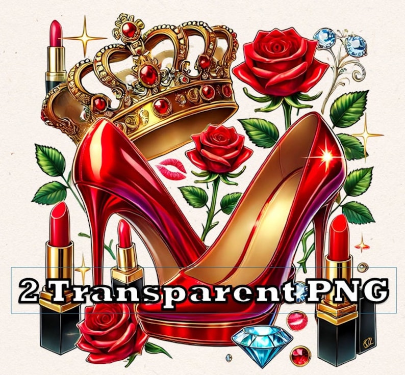 Puede incluir: Un zapato de tac&oacute;n alto rojo con una corona dorada, rosas rojas y tubos de l&aacute;piz labial rojo. La imagen tiene el texto "2 Transparent PNG" en la parte inferior.