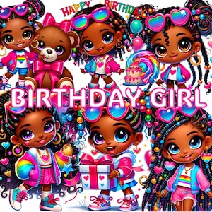 誕生日の女の子のクリップアート、26 個のかわいい黒人の女の子のパーティー PNG、アフロ パフの誕生日昇華、子供向け招待状のデジタル ダウンロード、商用利用