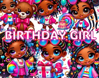 Black Girl Birthday Clipart: Afro Puffs Party PNG (Digital Download)