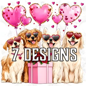 7 Valentine Dogs Clipart Set Cute Heart Balloons & Gift Box PNG Romantic Puppy Sublimation Digital Art Trendy Valentine’s Day Romantic Decor