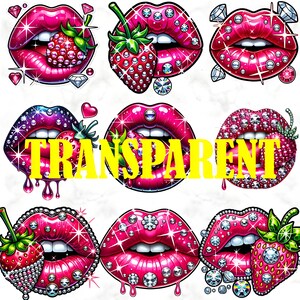 Puede incluir: Colecci&oacute;n de labios ilustrados digitalmente en tonos rosa y rojo, adornados con brillantes pedrer&iacute;a y fresas. La palabra "TRANSPARENT" est&aacute; superpuesta en amarillo. Los labios tienen un acabado brillante, algunos con efectos de goteo.