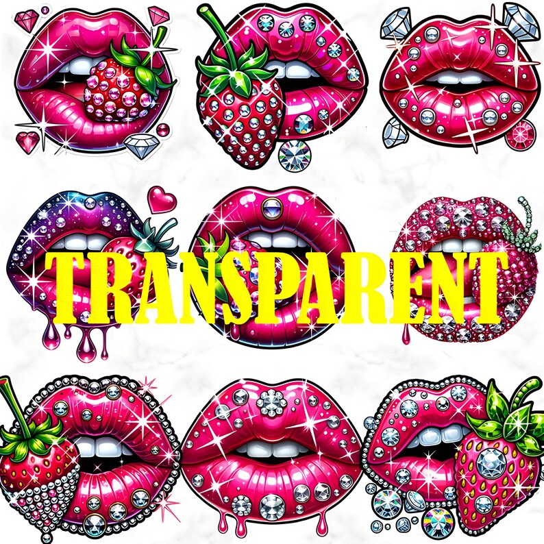Puede incluir: Colecci&oacute;n de labios ilustrados digitalmente en tonos rosa y rojo, adornados con brillantes pedrer&iacute;a y fresas. La palabra "TRANSPARENT" est&aacute; superpuesta en amarillo. Los labios tienen un acabado brillante, algunos con efectos de goteo.