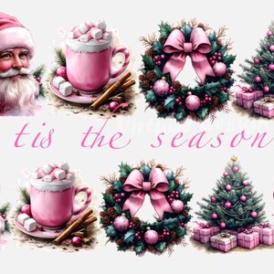 Sublimacja Tis the Season, Różowy Retro Boże Narodzenie Clipart, Akwarela Mikołaja Boże Narodzenie Png, Słodka Naklejka Vintage, Pobieranie Cyfrowe