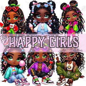 49 entzückende afrikanische Mädchen Clipart, buntes glückliches schwarzes Mädchen PNG, niedliches Afro Kawai Digital, Melanin Mode-Illustration, Sublimationsgrafik
