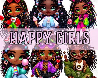 49 Adorable African Girls Clipart, Colorful Happy Black Girl PNG, Cute Afro Kawai Digital, Melanin Fashion Illustration, Sublimation Graphic