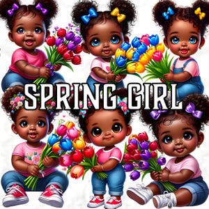 21 Clipart di ragazza africana primaverile, ragazza nera carina con fiori, arte di bambino afro tulipano, bambina floreale PNG, design a sublimazione, download digitale