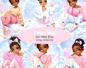 Cute Pastel Black Girl Clipart Bundle – Winter Kids PNG Set, Inclusive Children Character Art, Nursery & Crafts Digital Download