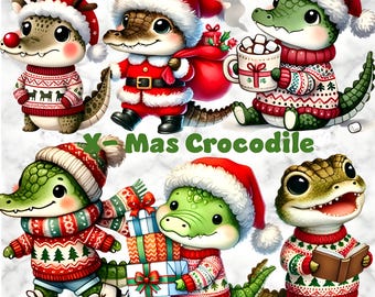 Watercolor Christmas Crocodile Clipart: Festive Alligator Graphics (Digital Download)