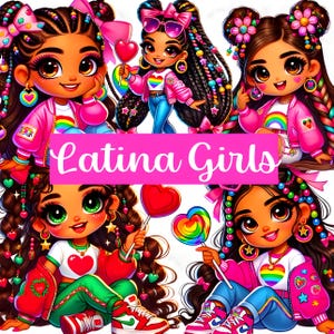 26 schattige latina meisje clipartset, kleurrijke digitale afbeeldingen, zoet snoep en lolly sublimatie png, gevarieerde chibi meisje digitale stickers