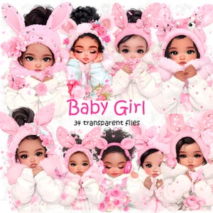 Clipart di un bambino africano carino PNG, ragazza adorabile ad acquerello, arte di un bambino afroamericano, arredamento rosa per la cameretta dei bambini, sublimazione DTF, uso commerciale
