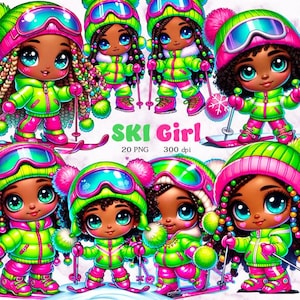 Clipart di ragazza sciatrice africana Chibi, PNG invernale lime e rosa, arte digitale carina sullo sci, grafica di sublimazione degli sport sulla neve, adorabile arte per bambini afro