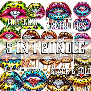 Glam Leopard Lips Clipart Bundle of 5, Retro Kiss Lips, Dripping Lips PNG, Glitter Lips Digital Download, Neon Animal Print Lips Sublimation