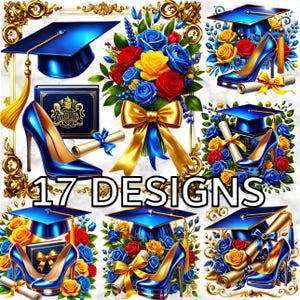 17 Royal Blue Abschluss Clipart PNG, Gold Cap Heels Diploma Grafiken für Aufkleber, digitale Planer, Einladungen, Sublimationsdesign