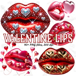 Clipart de lábios de dia dos namorados, mais de 90 adesivos digitais de lábios românticos, sublimação de arte de lábios de beijo, gráficos de lábios de coração vermelho, pacote de clipart com tema de amor