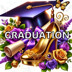13 lila Abschlussfeier Clipart PNG, Glam Cap und Heels Illustration für Abschlussfeier Party Dekor, Ankündigungen, Scrapbooking & Journal Aufkleber