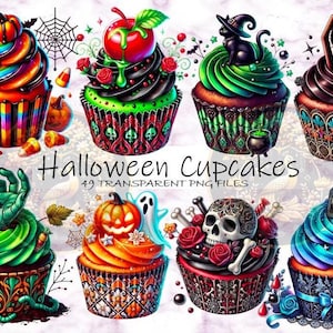 Halloween Cupcakes Clipart Set, Spooky Cupcake PNG, Transparent Files, Digital Cliparts, Sublimation, DTF Transfers, Halloween Baking Design