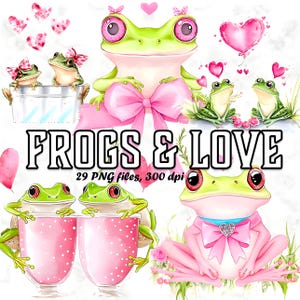 Set di clipart di rane ad acquerello, 29 graziose grafiche di rane innamorate, adesivi digitali per San Valentino, sublimazione di rane a forma di cuore rosa, PNG di rane cottagecore