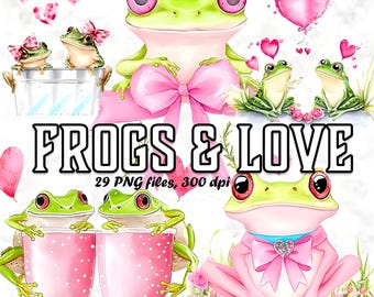 Watercolor Frog Clipart Set, Valentine's Day PNG Graphics (Digital Download)
