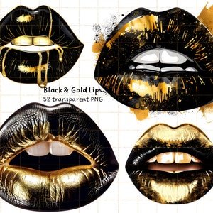 Gold Black Lips Clipart, Sparkle Golden Kiss Lip PNG, Glam Illustration, Luxe Sticker, Digital Planner Image, Sublimation Design,Transparent