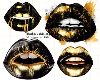 Clipart goud-zwarte lippen: Glam Kiss, png, luxe sticker (digitale download)