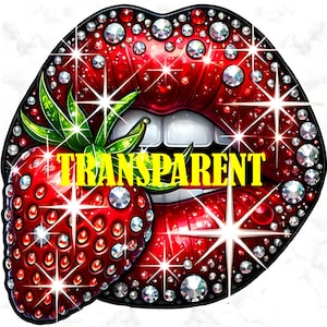 Puede incluir: Un gr&aacute;fico digital de labios rojos adornados con pedrer&iacute;a brillante y una fresa. La fresa y los labios est&aacute;n adornados con purpurina y la palabra "TRANSPARENT" en amarillo. La imagen tiene un dise&ntilde;o glamuroso y llamativo.