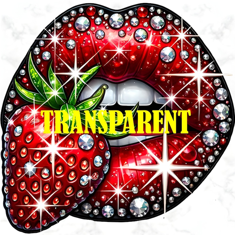 Puede incluir: Un gr&aacute;fico digital de labios rojos adornados con pedrer&iacute;a brillante y una fresa. La fresa y los labios est&aacute;n adornados con purpurina y la palabra "TRANSPARENT" en amarillo. La imagen tiene un dise&ntilde;o glamuroso y llamativo.