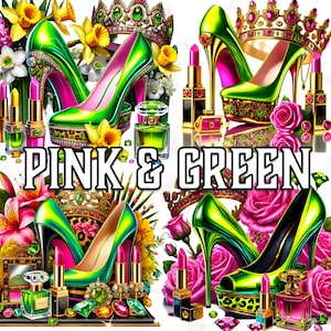 28 rosa grüner Leopard Glam Clipart, High Heel Fashion Art, Luxus PNG, schicke feminine Grafiken, mutige Ästhetik, digitale Aufkleber, Diva Design