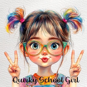 Schrulliges Schulmädchen Clipart-Set, süßes Mädchen mit Brille, bunte Zopfkunst, zurück zu Schule PNG, digitaler Download, Scrapbooking, Kinderdekor