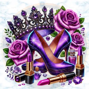 Puede incluir: Zapatos de tacón alto de color morado con una corona, rosas y pintalabios. Los zapatos tienen un acabado brillante y están decorados con joyas.