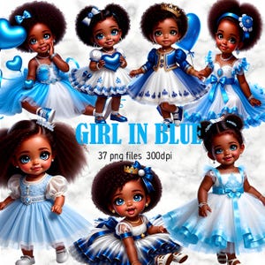 37 Blue Cute Black Girl Clipart Bundle Birthday Girl PNG, Cute Princess Doll Sublimation for Invitations, Party Decor, Baby Shower Crafts
