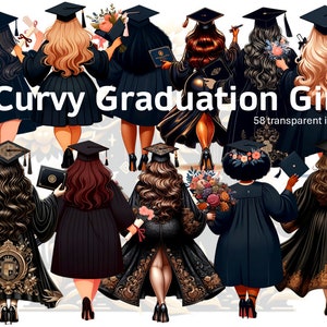 Pacchetto ragazza laurea paffuta 2024, illustrazioni di laureata femminile, classe del 2024 PNG, ragazza laureata africana, clipart di fiori di diploma di abito da berretto