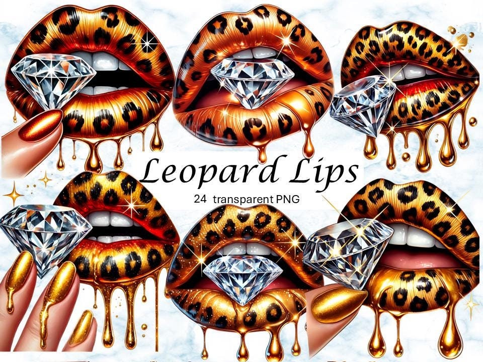 Imágenes prediseñadas de labios de diamantes de leopardo de acuarela, sublimación de labios con beso de purpurina dorada goteando PNG, ilustración glamorosa transparente, pegatina digital