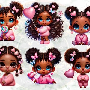 Clipart di ragazza africana carina, adorabile bambino afro americano rosa, cuori e palloncini, download di PNG di arte digitale per la cameretta del bambino, uso commerciale