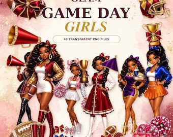 Glam Game Day Girls Clipart Bundle, 48 Football Fashion PNGs, Girly Sports Clip Art, Pink Bow Football, Tailgate Sublimation