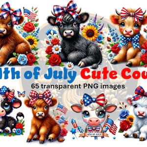 4th of July Cute Cows Clipart, Watercolor Patriotic Highland Cows Collection, Forth of July Image, American Cow PNG, Baby Cow Clipart Bundle
