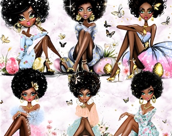 Easter Afro Girl Clipart – Spring Fashion PNG Bundle (Digital Download)