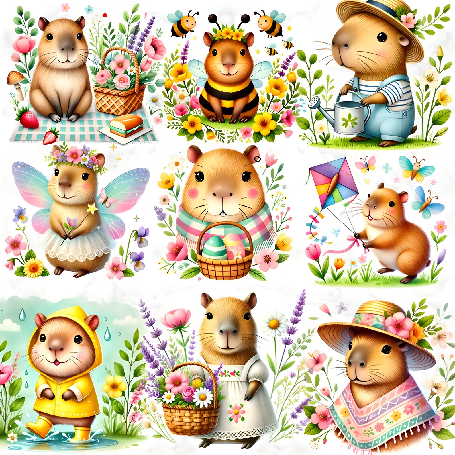 Spring Capybara Spring Capybara Clipart Bundle: Watercolor Animal PNG (digital Download ...