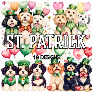 19 St. Patrick's Dogs Clipart Watercolor Cute Puppy PNG Shamrocks and Balloons Digital Sublimation Art Holiday Pet Decor for Crafts and Card