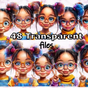 Pacchetto di clipart di ragazze afroamericane stravaganti e carine, 48 file trasparenti, arte di ragazze afro diverse, sublimazione e design digitali, uso commerciale