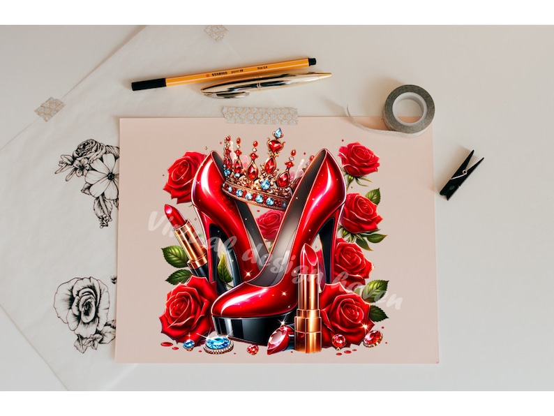 Puede incluir: Un par de zapatos de tac&oacute;n alto rojos con una corona dorada en la parte superior, rodeados de rosas rojas y l&aacute;piz labial.