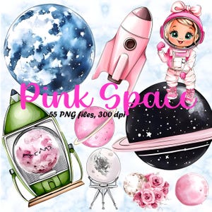 Conjunto de imágenes prediseñadas del espacio rosa, imágenes prediseñadas de astronauta y cohete, gráficos de planetas pastel, pegatinas digitales espaciales y florales, diseños de sublimación cósmica