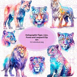 Holographic Watercolor Tiger Clipart, Holo Tiger Leopard Lion, Puma 52 Png Bundle, Wild Cat Transparent Sublimation Design, Commercial Use